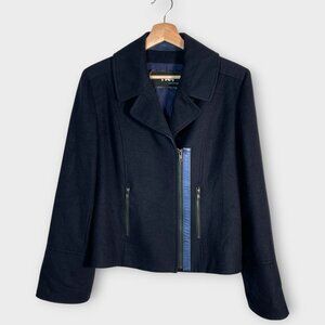 Baby Alpaca Wool Moto Jacket (Wears are L / XL) Blue Silk Lined Leather Trim EUC